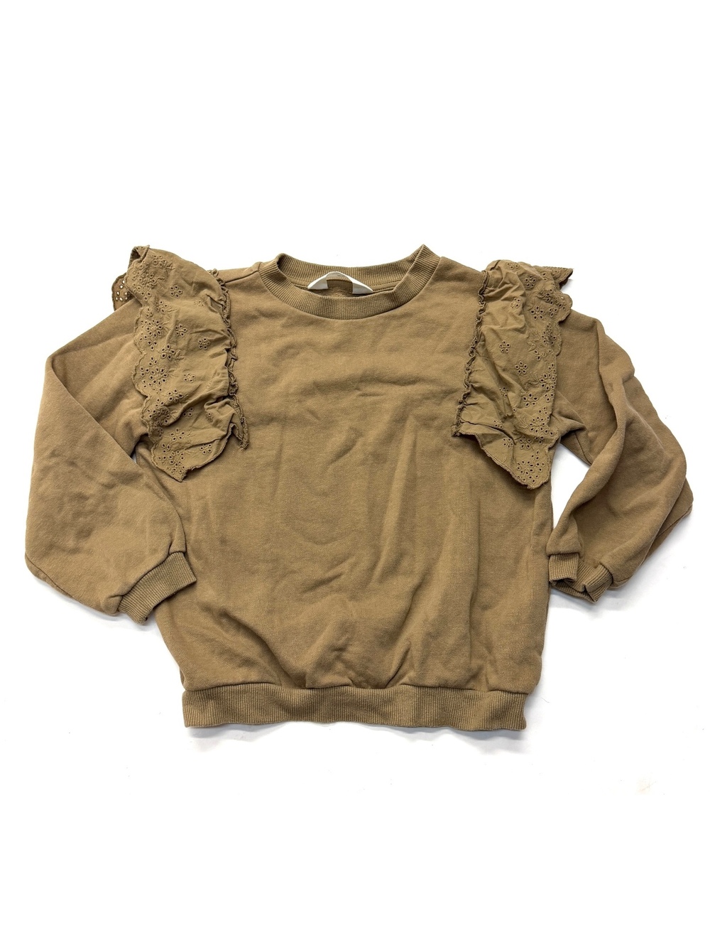 H&M Girls Tan Eyelet Lace Ruffle Sweatshirt Size 6-7 Years